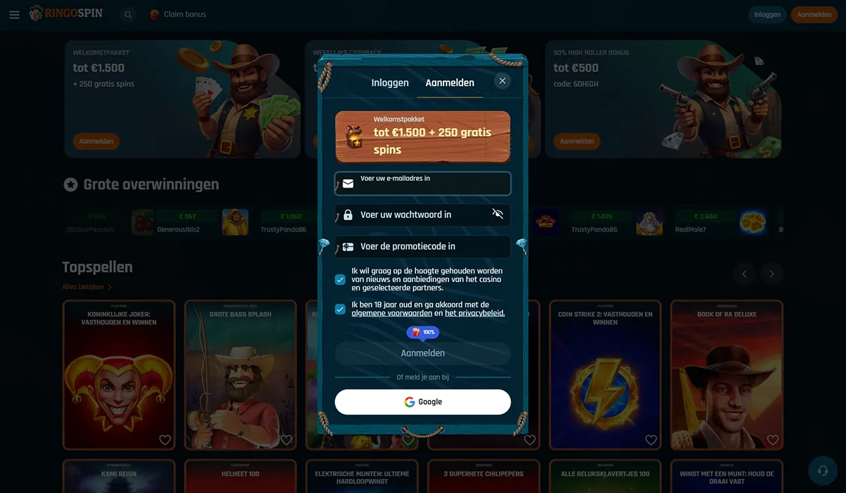 RingoSpin Casino Registreren en inloggen 